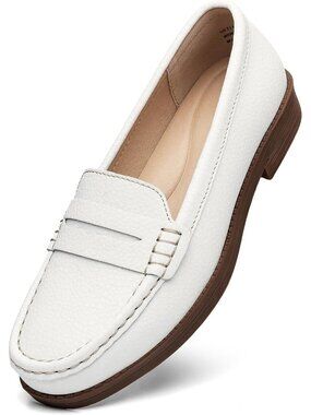 Women's White Leather Penny Loafers Slip On Flats Comfortable Walking Shoes